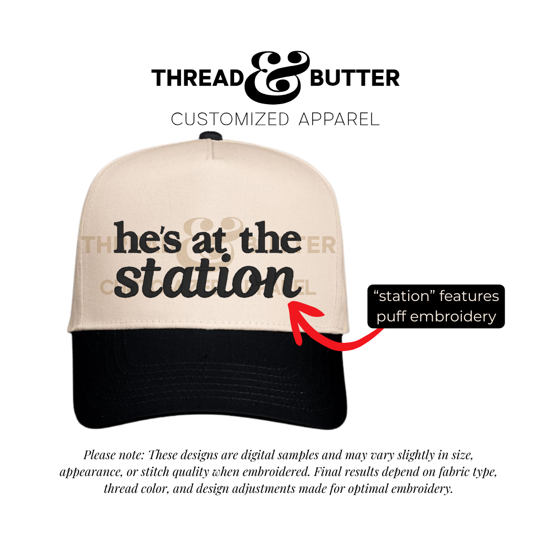 “He’s at the station” Puff Trucker Hat