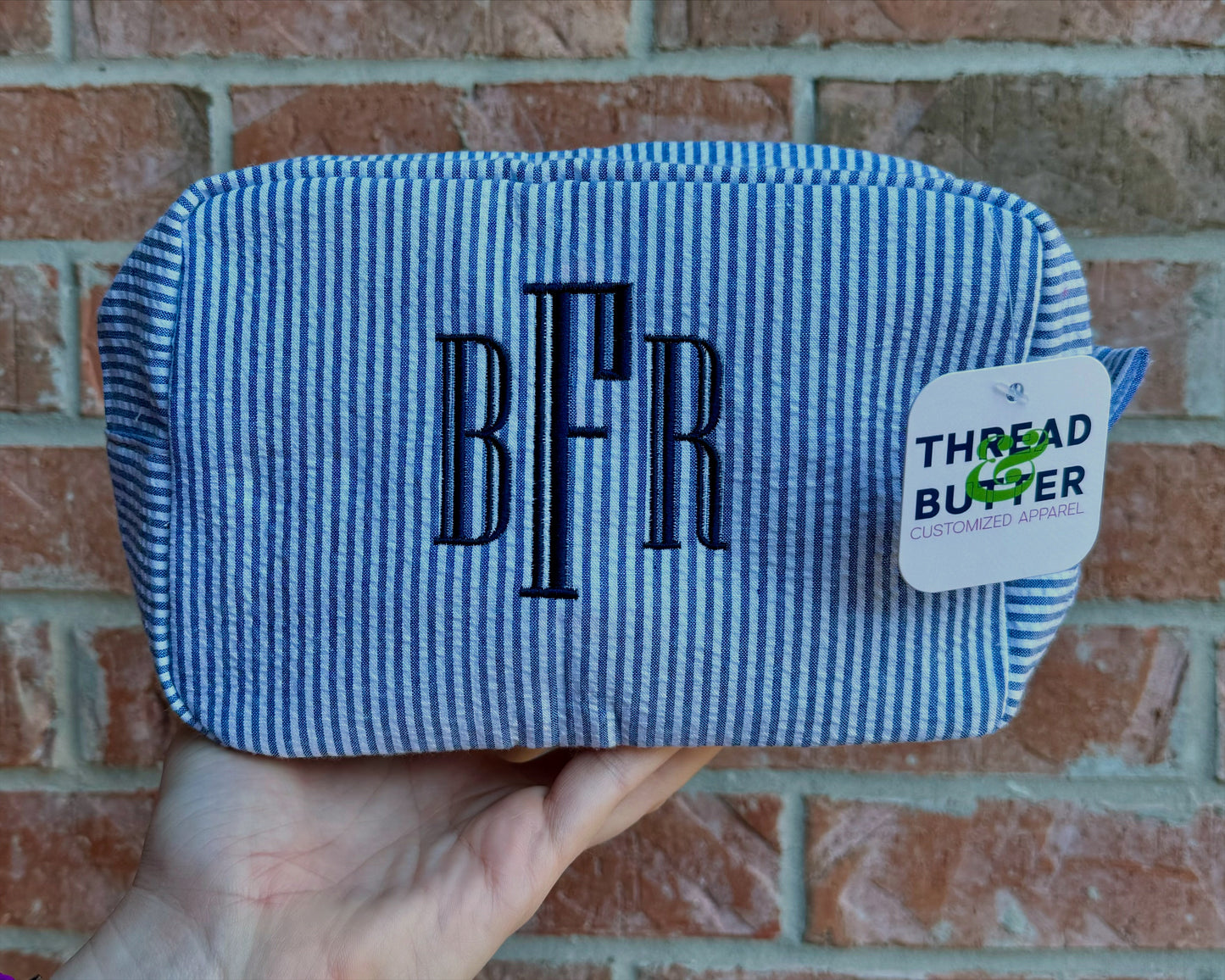 Personalized Seersucker Cosmetic Bag – Custom Monogram or Initial