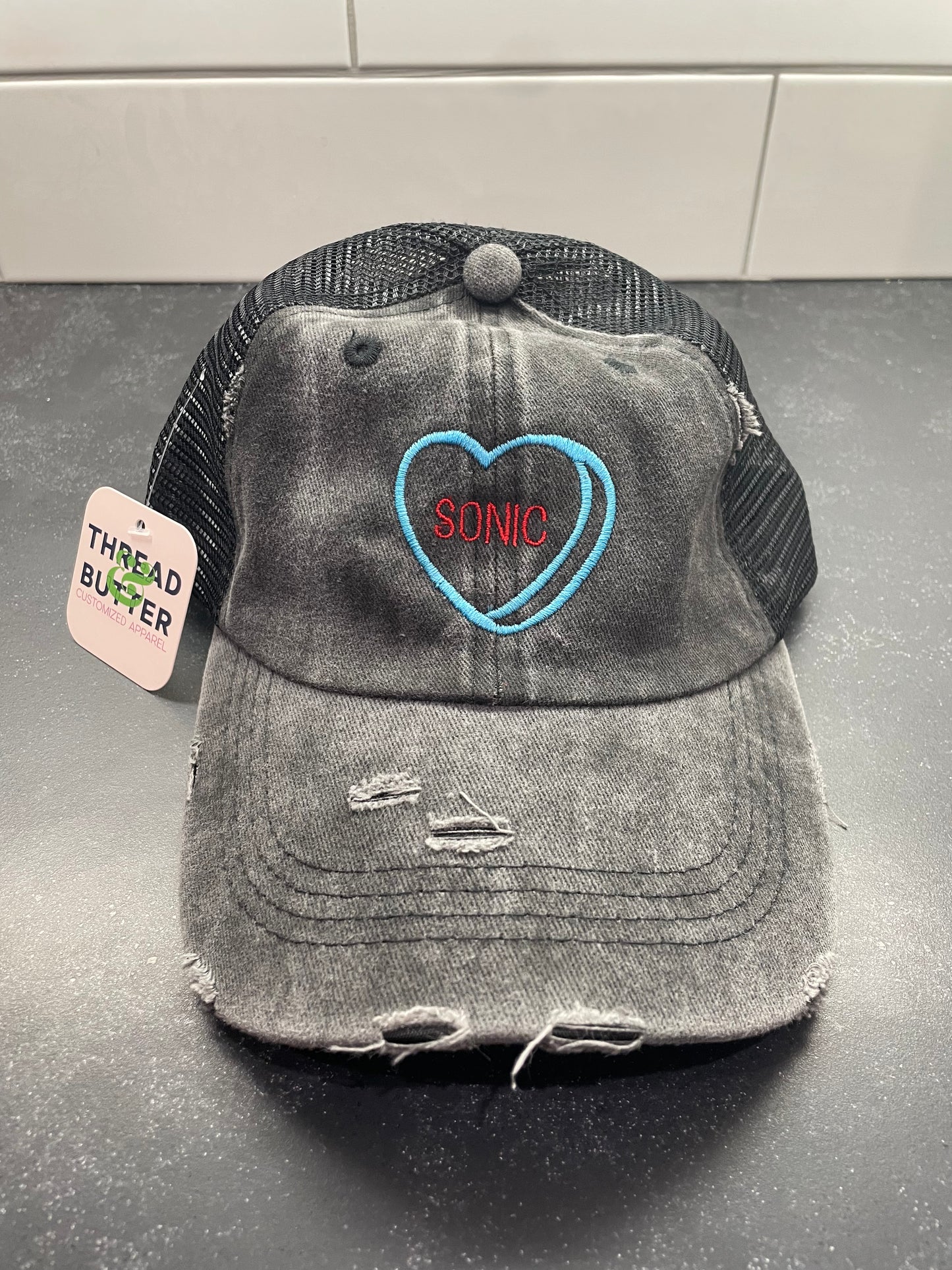 Distressed Ponytail Hat - Sonic Love