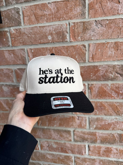 “He’s at the station” Puff Trucker Hat
