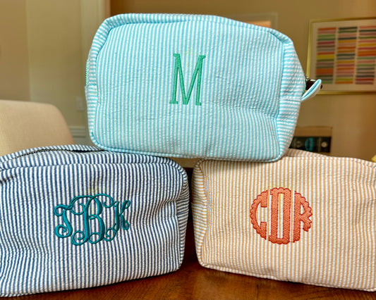 Personalized Seersucker Cosmetic Bag – Custom Monogram or Initial